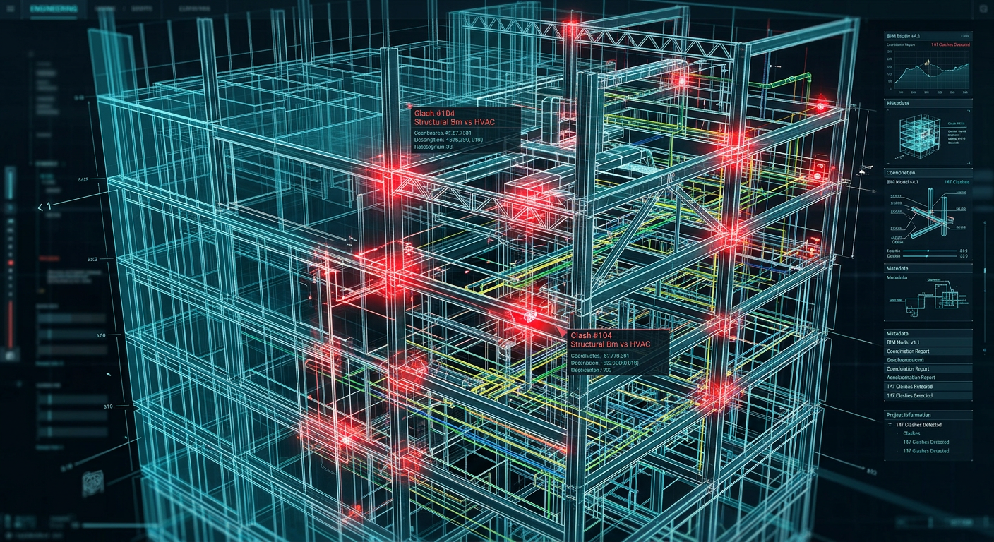 Navisworks clash detection dashboard showing 147 structural vs HVAC clashes highlighted in red across a wireframe building model