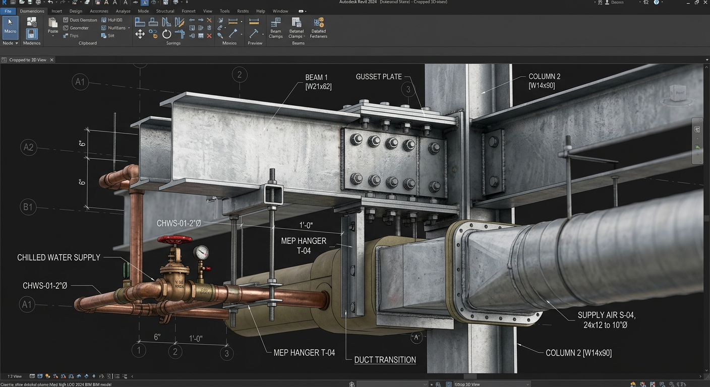 LOD 400 Revit detail showing W21x62 beam, W14x90 column, gusset plate, chilled water supply pipe, and duct transition with full annotation