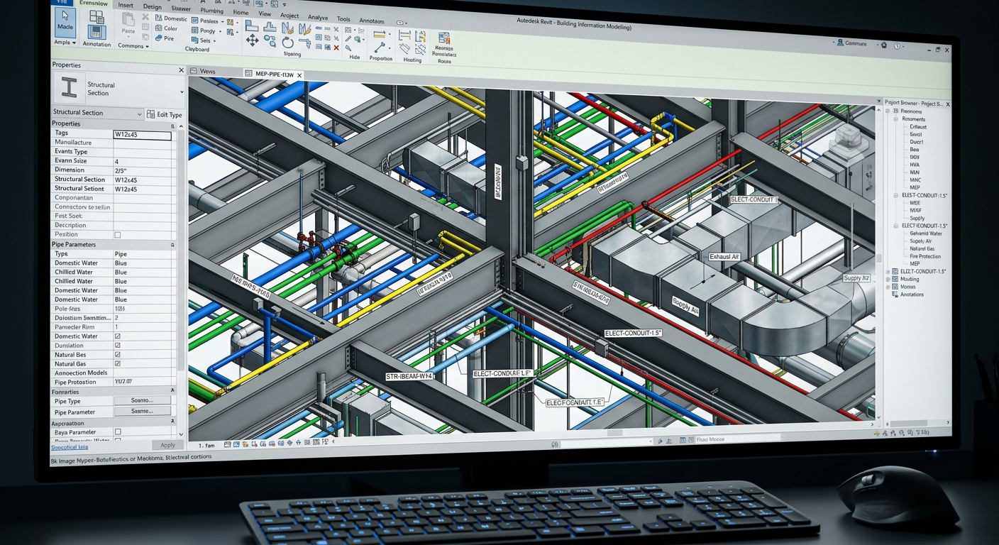 Colour-coded MEP pipe network in Revit — representing remote electrical and MEP design for US healthcare facilities