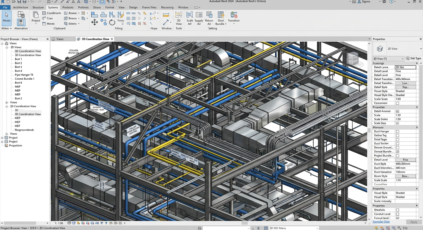3D Revit coordination view of HVAC and MEP systems — representing HK Airport TRC project work
