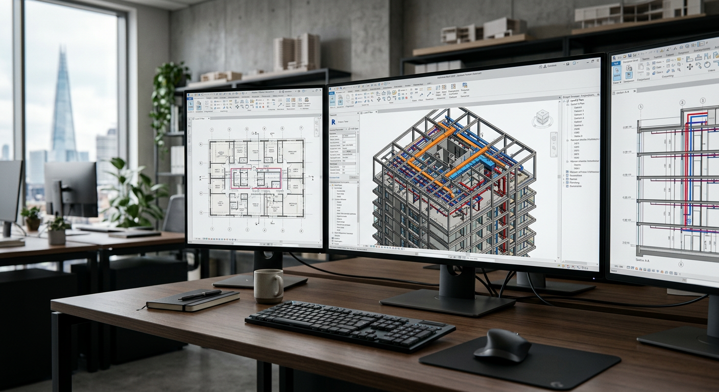 Triple-monitor BIM workstation running Autodesk Revit — showing architectural floor plan, 3D MEP structural model, and detailed section drawings
